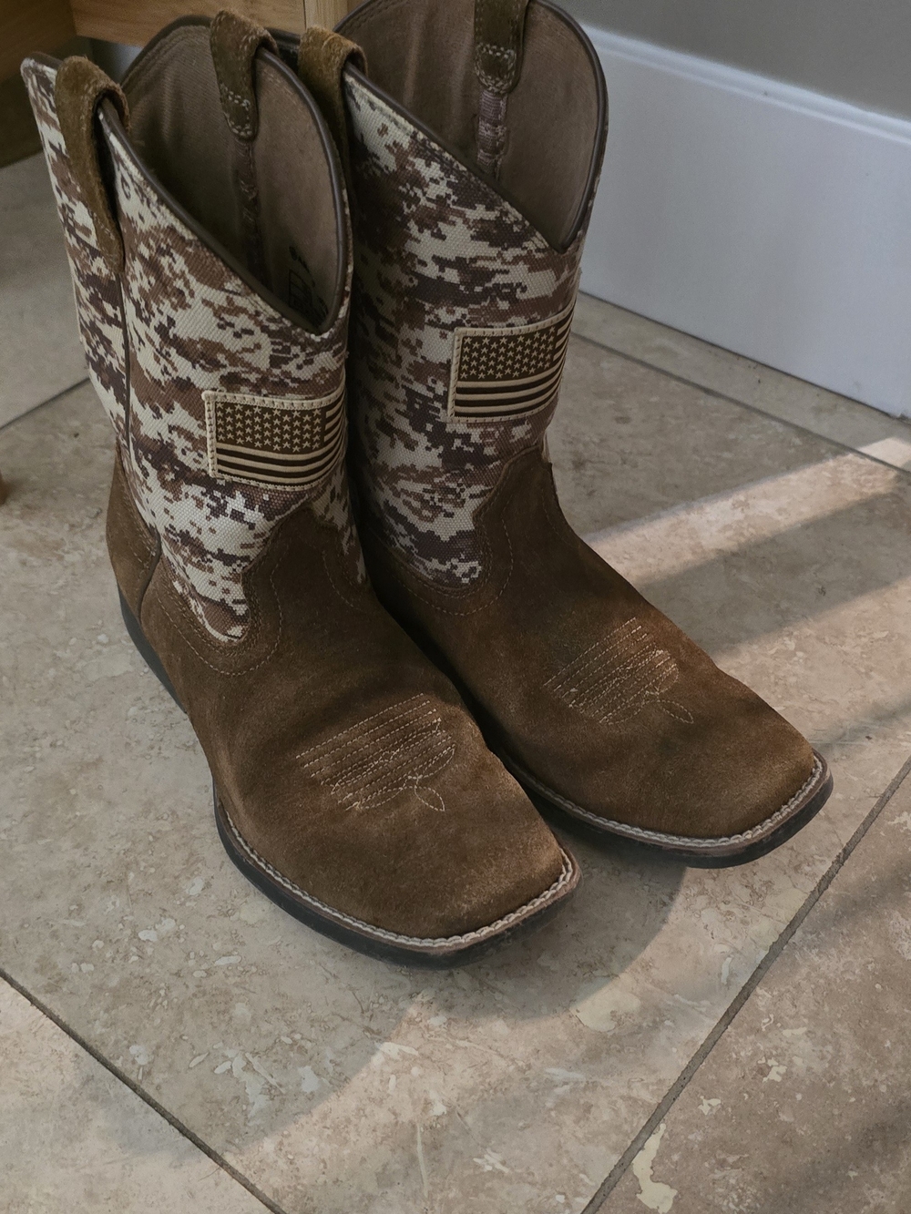 Ariat Brown Suede Western Boots with Camo Shaft and Flag Patch